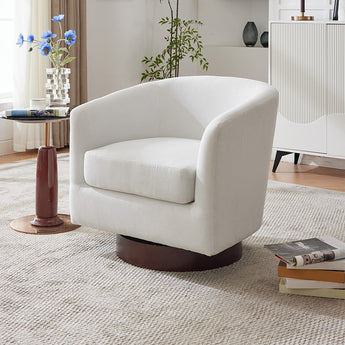 Cream upholstered swivel accent armchair with rounded seat and dark circular base.