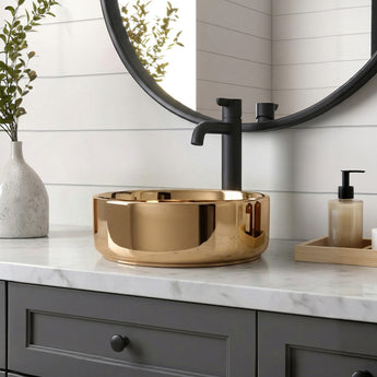 Round bronze vessel sink basin with glossy finish and drain opening