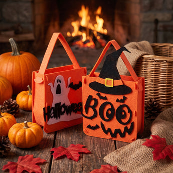Orange Halloween treat bags with handles: ghost-and-bat and witch “Boo”