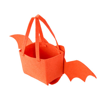 Orange felt cat tote bag with tall handles and bat-like face cutout