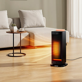 Black PTC electric heater with LED temperature display, standing on a floor base