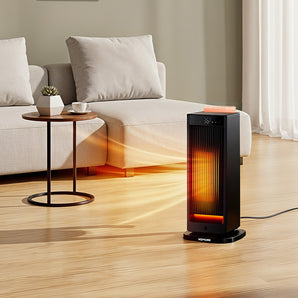 Black PTC electric heater with LED temperature display, standing on a floor base