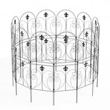 Set of black metal garden fence panels with arched scrollwork and fleur-de-lis details
