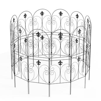 Set of black metal garden fence panels with arched scrollwork and fleur-de-lis details