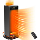 Black PTC heater with remote control, showing side airflow direction and heating glow
