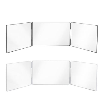Tri-fold makeup mirror with three reflective panels, folded and opened views