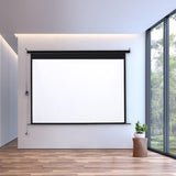Motorized electric projector screen with blank white panel and black border