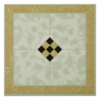 Square gold and cream marble-look PVC floor tile with black diamond mosaic center