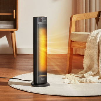 Portable electric heater with black tower body, base, and illuminated heat grille