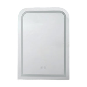 Wall-mounted LED vanity mirror with rounded rectangular frame, smooth white border