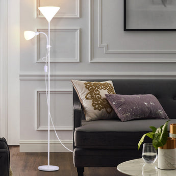 Double-head floor lamp with two fabric shades and white power cord