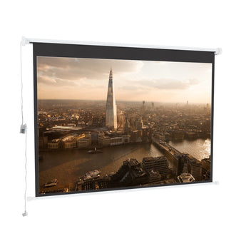 84-inch smart electric projector screen with white housing and black viewing border