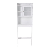 White over-toilet cabinet with top door compartment and open shelving throughout