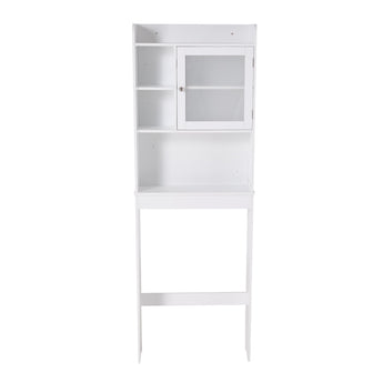 White over-toilet cabinet with top door compartment and open shelving throughout