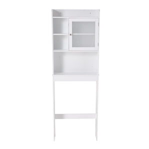 White over-toilet cabinet with top door compartment and open shelving throughout