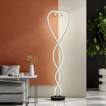 Schwarz LED-Stehlampe: Herz-spirale aus gebogenen Leuchtbögen, warmweißes Licht