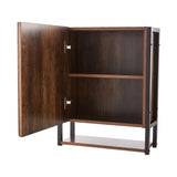 Wall-mounted mirror cabinet with two interior shelves, dark wood panels, open door