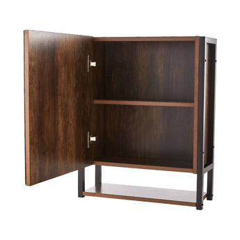 Wall-mounted mirror cabinet with two interior shelves, dark wood panels, open door