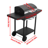 101cm black charcoal grill dimensions on wheeled cart, lid and side table shown