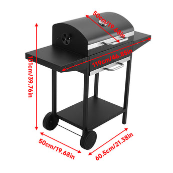 101cm black charcoal grill dimensions on wheeled cart, lid and side table shown