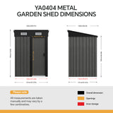 Garden shed dimensions diagram for YA0404 metal, with width and height measurements