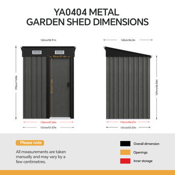 Garden shed dimensions diagram for YA0404 metal, with width and height measurements