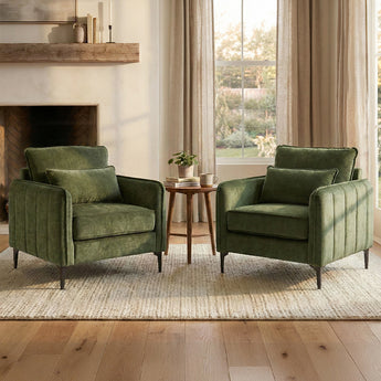 Green chenille accent chair with armrests and included lumbar cushion