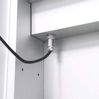 Bathroom mirror cabinet side corner with power cord connection and mounting bracket
