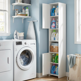 White bathroom cabinet with side shelves and cupboard doors for toiletries and towels