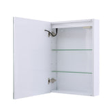 White mirrored cabinet door open with two glass shelves and wall-mount hardware