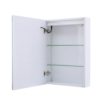 White mirrored cabinet door open with two glass shelves and wall-mount hardware
