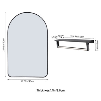 Arched bathroom mirror with aluminum frame and wall-mount bar; 2.8 cm glass thickness