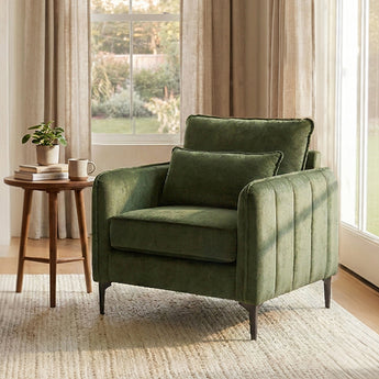 Green chenille accent chair with armrests and lumbar cushion