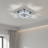 Chrome square LED flush mount with faceted crystal inner rings on the ceiling