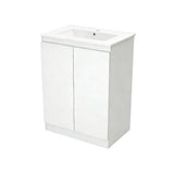 White freestanding bathroom vanity unit with square ceramic basin and two-door cabinet