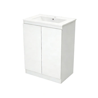 White freestanding bathroom vanity unit with square ceramic basin and two-door cabinet
