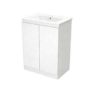 White freestanding bathroom vanity unit with square ceramic basin and two-door cabinet