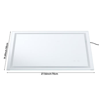 Wall-mounted LED bathroom mirror with slim silver frame and touch control icons