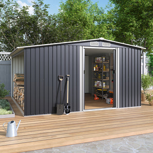 Steel garden storage shed with gable roof, double doors open to reveal interior storage.