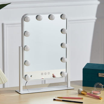 Vanity mirror front with 12 bulbs on white frame and base, touch controls