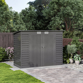 Gray 239.5cm outdoor storage shed with double doors and louvered side panels