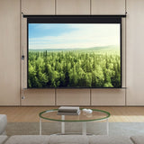 Motorized electric projector screen with black casing, wall-mount roller frame