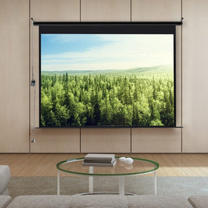 Motorized electric projector screen with black casing, wall-mount roller frame