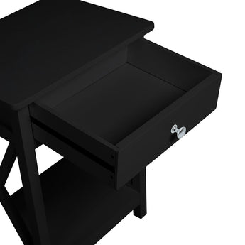 Black wooden nightstand with open drawer and lower shelf, chrome pull handle.