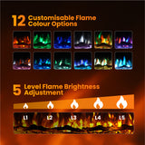 Electric fireplace insert showing 12 flame color options and five flame brightness levels
