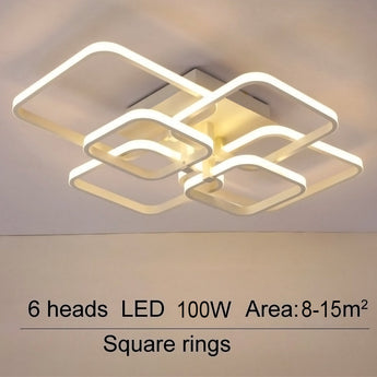 LED ceiling fixture with six square rings and adjustable light heads, white housing