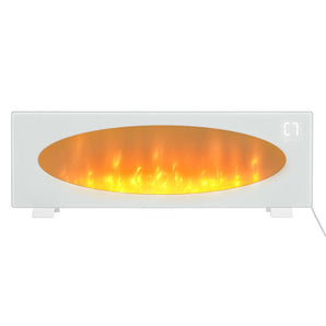 White electric fireplace front with oval orange flames and control display at right
