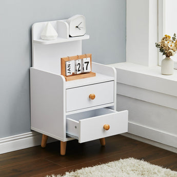 White wooden bedside table with 2 drawers, open cubby and clock shelf
