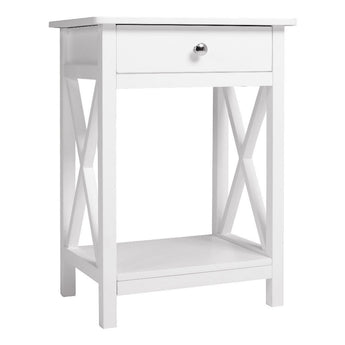 White wooden bedside table with one drawer and lower open storage shelf