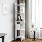 White 5-tier corner shelf with five open cubby shelves and top ledge